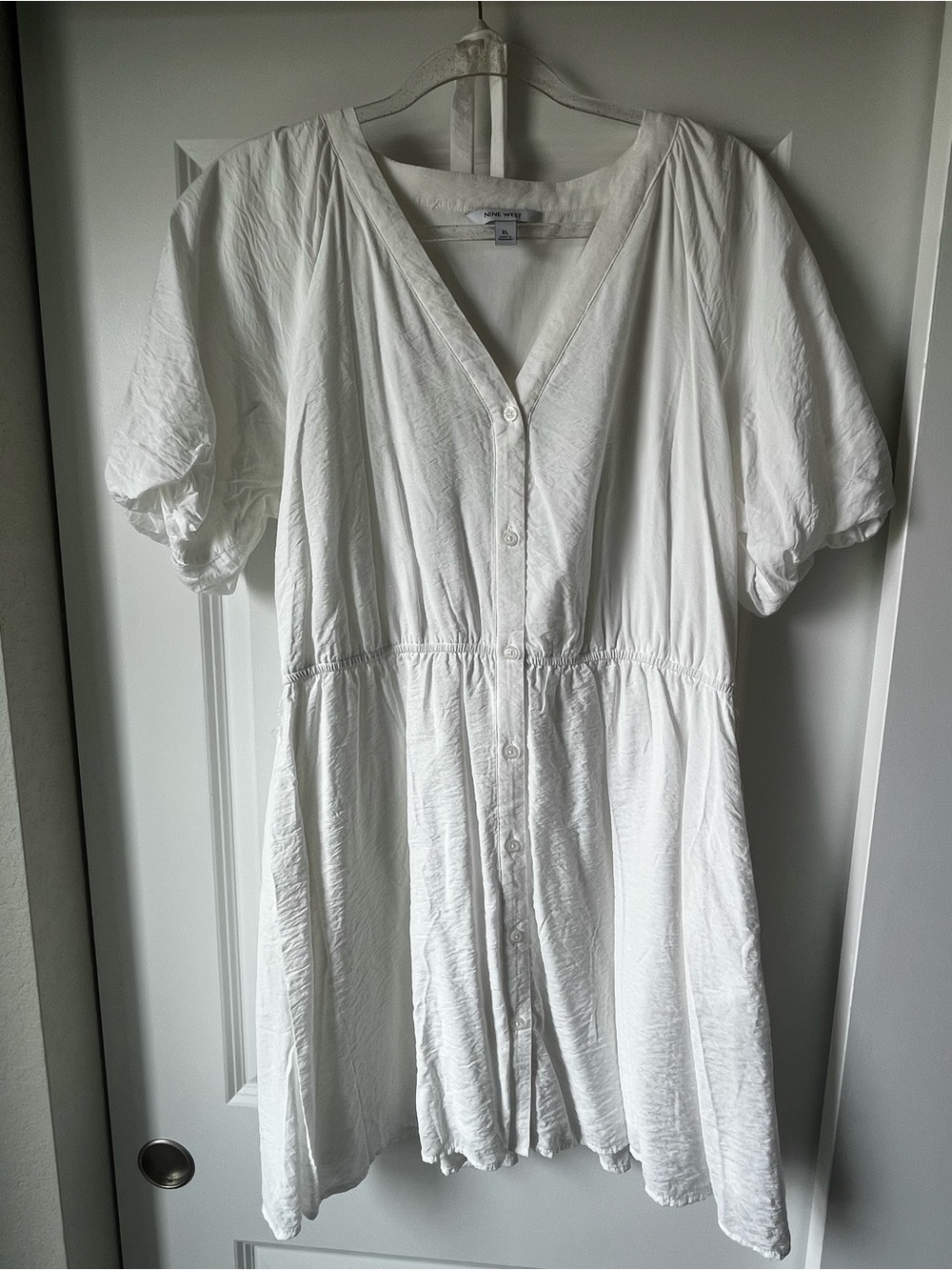 Nine West White Button-Front V-Neck Mini Dress